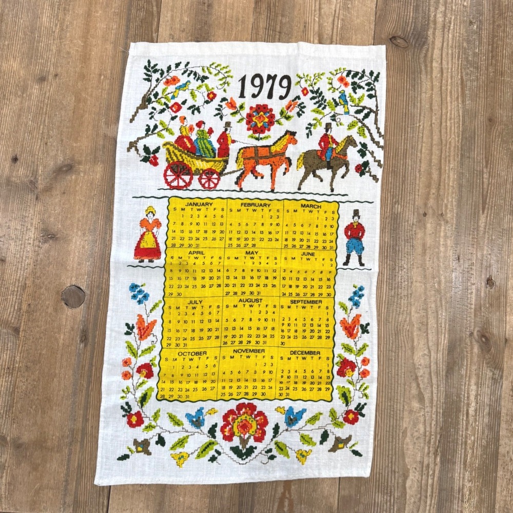Vintage 1979 Calendar Tea Towel Folk Art Horse Carriage Linen Wall Hanging
